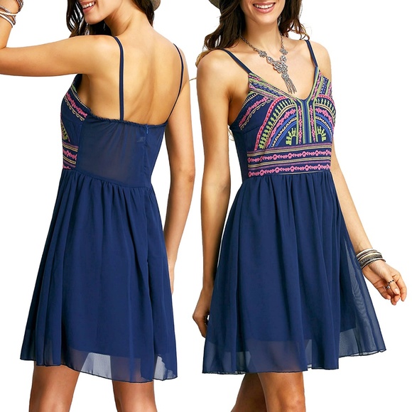 Tribal Print Navy Chiffon Fit & Flare Dress NWOT - Picture 8 of 8